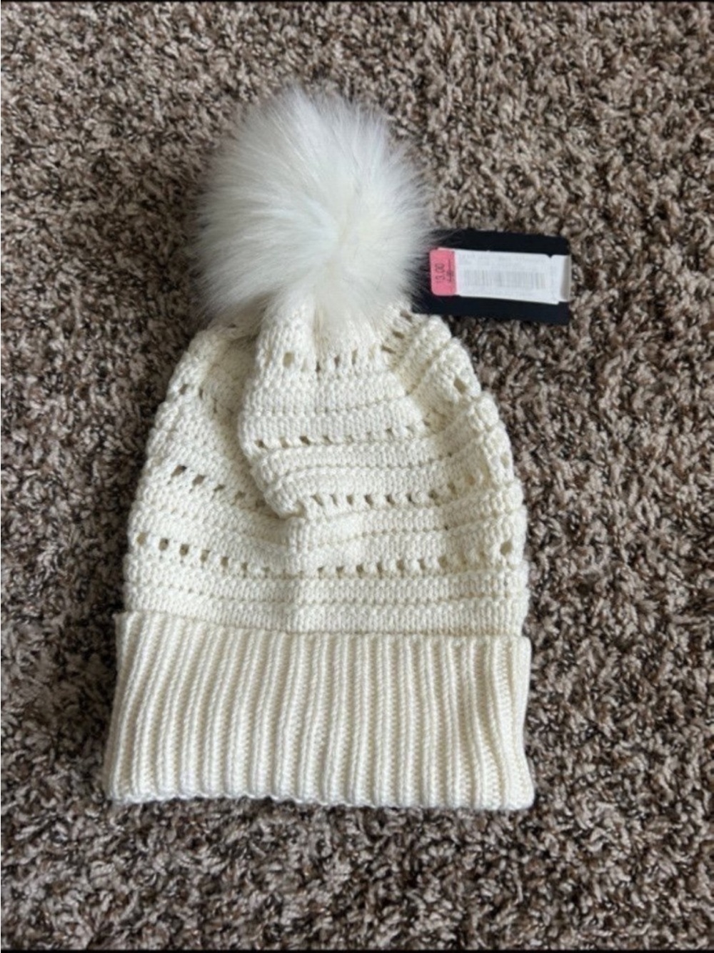 Women's Cream Knit Pom Pom Beanie - Cozy Winter Hat